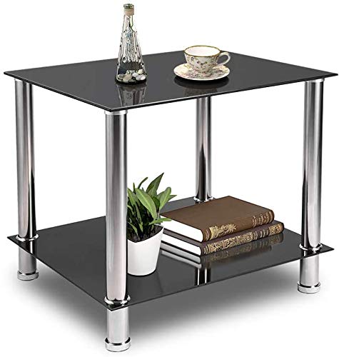 Greensen Coffee Table Tempered Glass Living Room Side Table Black Glass Coffee Tables 2 Levels Glass Table with Chrome Legs Coffee Table Metal Console Table for Living Room Balcony Hallway
