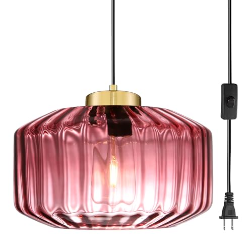 Image of Purple Glass Plug in Pendant Light 11.02 Inch with Gold Mount & Striped Shade, Adjustable Hanging Light Vintage Ceiling Lighting Fixture for Girls Room, Bedroom, Kitchen, Dining Table