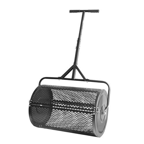 24 Inch Compost Spreader and Peat Moss Spreader, 24" Lawn Spreader Roller Spreader with Height Adjustable T Shaped Handle, Steel Mesh Basket Garden Spreader for Spreading Manure Topsoil, Black
