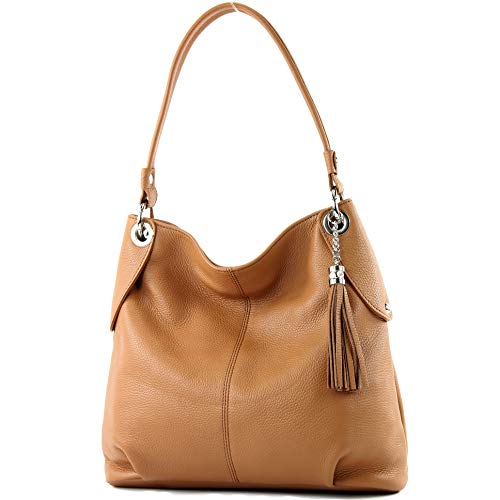 modamoda de T185 Damen Leder Schultertasche Handtasche handmade in Italy, Farbe:Camel