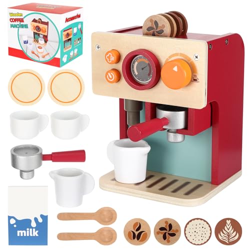 Exsink Cafetiere Enfant en Bois, Accessoire Dinettes Cuisine, Machine à Café Jouet, Jouet Jeux de Rôle Éducatif Éveil Montessori, pour Garçons & Fille 3+ Ans