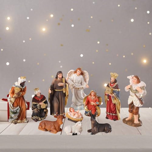 Ovewios Conjunto de Presépio de Natal pequeno, 11 peças de resina artesanal de resina para ambientes