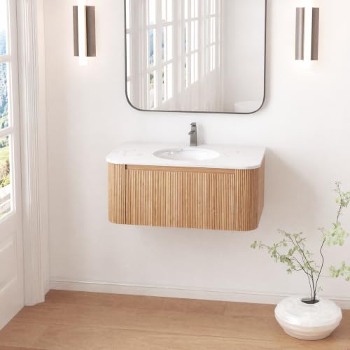 Image of 36 Inch Wall Mounted Bathroom Vanity with Ceramic Sink, Pre-Assembled Floating Vanity Cabinet with Cararra Artificial Countertop, Wave Texture Finish & Drawer, Wood