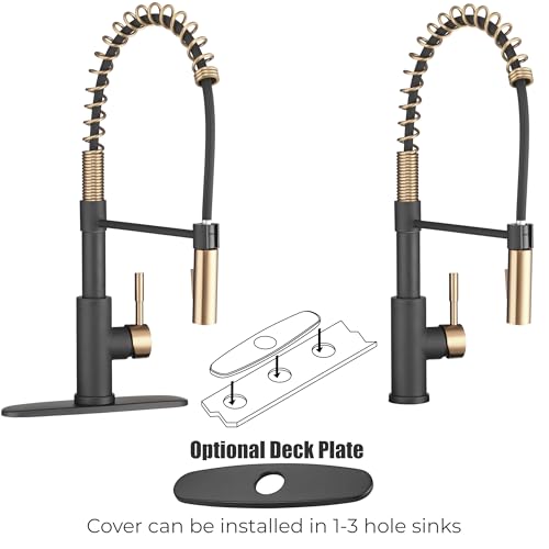 Image of Dura Faucet DF-MK504SLK-MB RV Swivel High-Arc Spring Kitchen Sink Faucet - Single Handle - Kitchen Faucet with Pull-Down Sprayer - Optional Deck Plate (Matte Black /Matte Gold)
