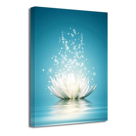 LZIMU Décoration murale zen - Motif fleur de lotus blanche dans l'eau - Peinture encadrée bleu sarcelle pour yoga, spa, méditation - 40 x 60 cm - Œuvre d'art zen - 2
