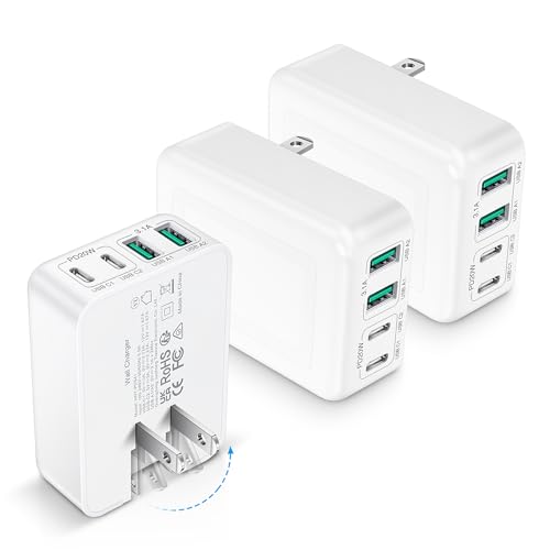 3-Pack USB C Charger Block, Flat USB C Charger, 40W 4-Port PD3.0 Slim Fast Charging Block with Foldable Plug Type C Power Adapter Brick for iPhone 15/14/11/12/13 Pro/Max, iPad, Samsung Galaxy