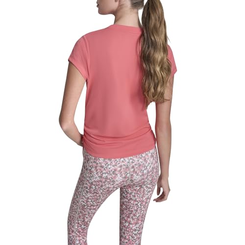 Image of DKNY Women's Short Sleeve V-Neck Tech Ruched Side Seam Active T-Shirt