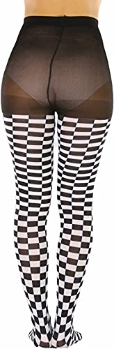Image of ToBeInStyle Women's Harlequin Checkered Diamond Optical Illusion Opaque Tights Pantyhose - Black & White