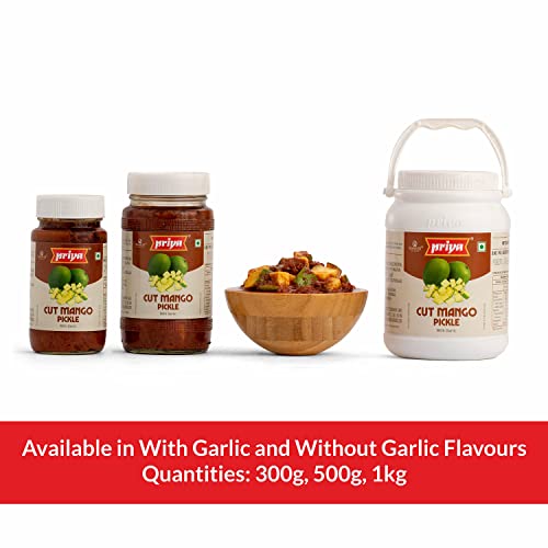 Image of Priya Cut Mango Pickle with Garlic, 500g - Authentic Telugu Style Aam Achar | Traditional South Indian Taste | Homemade Andhra Pickles | Tangy and Spicy | With Mango Pieces & Mixed Spices | Glass Jar