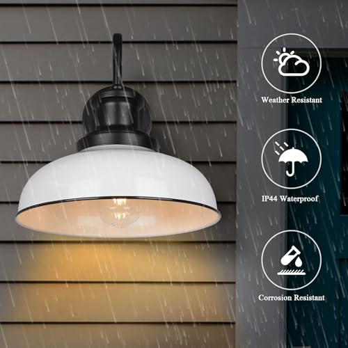 Image of Outdoor Barn Light, Rustic Outdoor Wall Sconce, Farmhouse Exterior Wall Mount Light, Vintage Indoor Wall Lighting Fixture, Industrial White Lantern Lamp for Porch, Garage, Patio, RZ007 WH