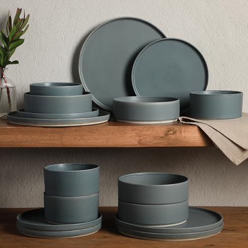 Image of Gibson Elite Tatum Premium Porcelain Matte Reactive Glaze 16-Piece (Service for 4) Plates and Bolws Stackable Dishes Ceramic Dinnerware - Blue