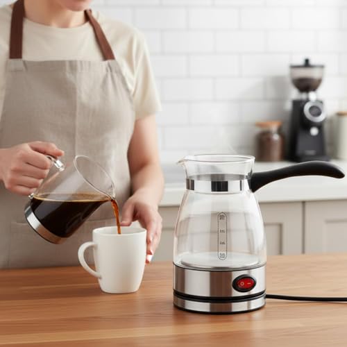 Image of Modern Electric Glass Turkish Coffee Maker (0.5 Liter) - Heat-Resistant Borosilicate Glass Cezve with LED Indicator & Ergonomic Handle, Premium 600W Coffee Machine for Daily Use
