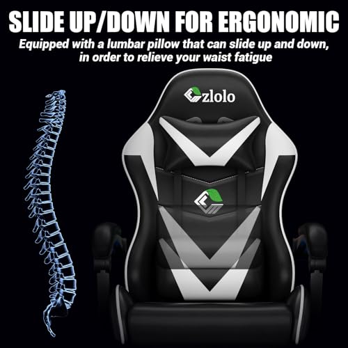 Czlolo Gaming Chair with Footrest Racing Style Lumbar Support Massager Video Game Chair with Metal Legs, High Back Reclining Gamer Chair with Headrest, 360° Swivel Office Computer Desk Chair (White) - Image 7