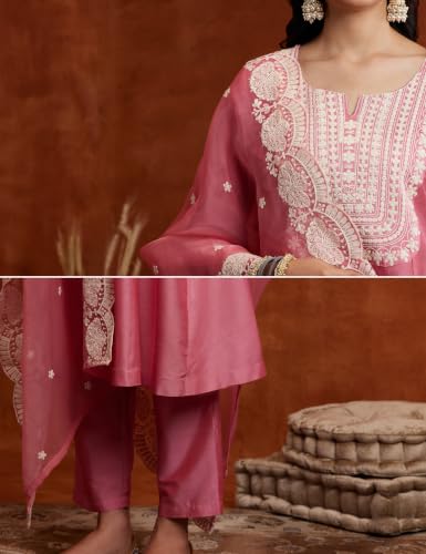 Image of Amazon Brand - Myx Women's Kurta Pant Set with Embroidered Organza Dupatta|A-line fit (Available in Plus Sizes)