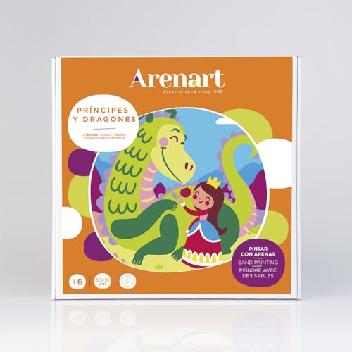 ARENART | Pack 2 Zeichnungen Ritter und Drache 30x30cm | mit farbigem Sand malen | Basteln für Mädchen | Kinderzeichnung | Malen nach Zahlen | +6 Jahre