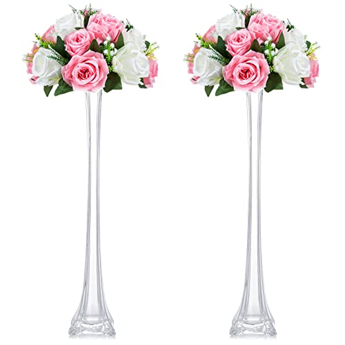 Nuptio Glass Vase for Wedding Centrepieces - 2 Pcs Eiffel Tower Vases Table Centerpiece 50cm Tall Slim Feathers Flower Stand for Weddings Party Birthday Quinceanera Reception Baby Shower Decor