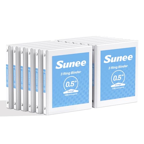 SUNEE 1/2 Inch Binders 3 Ring 12 Pack Bulk 3 Ring Binders Clear View PVC-Free (Fit 8.5x11 Inches) for School or Office Supplies White