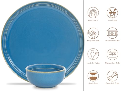 Image of Bodhi House Handcrafted Chip Resistant Porcelain Dinner Set, 12 Pieces Dish Set Serving for 6, Microwave and Dishwasher Safe, Bone-ash Free, Crockery Set for Dining and Gifting, Mid Blue
