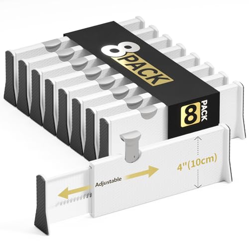 Image of NTQNOIKA Drawer Dividers Organizer, Adjustable Separators 4" High Expandable from 11-17" for Bedroom, Bathroom, Closet, Clothing, Office, Kitchen (White, 8 PACK)