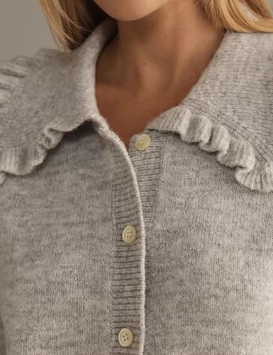 InterNos Womens Y2k Ruffled Collar Cardigan Sweaters Classic Button Down Long Sleeves Fall Sweater Crop Tops4