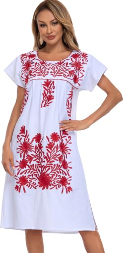 Image of YZXDORWJ Women Mexican Embroidered Long Dress Ruffle Collar Maxi Boho Floral Summer Short Sleeve