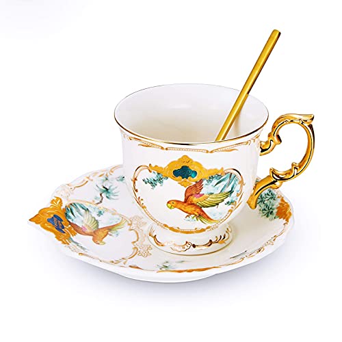 LURRIER Fine Bone China Cuppuccino Tea Cup and Saucer Set with Spoon 7.4oz,Premium Jungle Fantasy Golden Rim Ceramic Coffee Cup,Tea Party,Home Display,Gift Set,White (White Parrot)