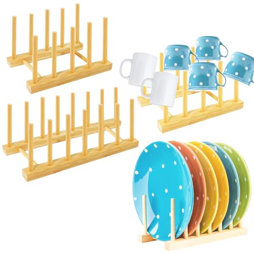 Bohoray 2pcs Escurreplatos Madera, Organizador de Platos Madera, 2 Tamaños Soporte Platos Madera, Soporte para Platos Madera, Soporte Platos Armario para Placa, Bowls, Taza (4 & 6 Ranuras)