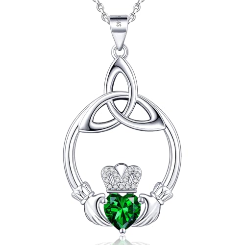 ETERMBOL Emerald Birthstone Necklaces for Women 925 Sterling Silver Irish Claddagh Necklace for Women May Heart Birthstone Pendant Necklace Anniversary Birthday Gifts for Wife Lady