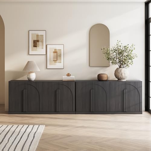 Image of BELLEZE Set of 2 Bijou 64 inch Modern Buffet Sideboard, Mid-Century Arch Carved Wood Door Cabinet, Textured Storage Console for Living Room, Kitchen, Entryway - Ebony