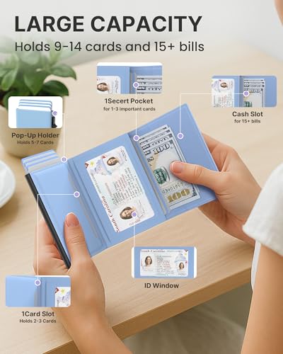Image of typecase Womens Wallet Card Holder: Pop Up Card Case, Genuine Leather, RFID Blocking, Slim, Minimalist, Thin, Small Size - 9-14 Card Capacity, ID Window, Cash Pocket (Blue)