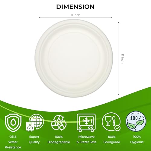 Image of EATONS Bagasse Disposable Plates [11 inch, 25 Pack] I Eco Friendly Biodegradable Compostable Sugarcane Paper Plates | Full Meal I Serve Snacks & Dinner I Birthday, Wedding, Party I Round I White