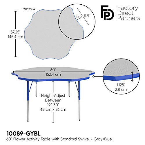 Image of FDP Flower Activity School and Office Table (60 inch), Standard Legs with Swivel Glides for Collaborative Seating Environments, Adjustable Height 19-30 inches - Gray Top and Blue Edge