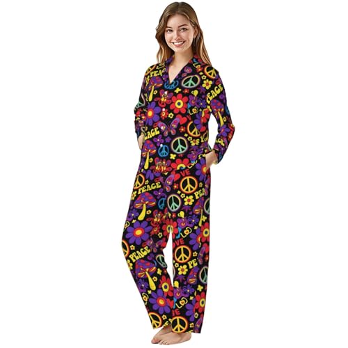 Image of Women'S Long Sleeve Pajama Set Soft Loungewear Button-Down Top & Elastic Waist Pants S- 2XL