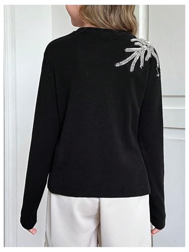 SweatyRocks Girl's Glitter Pearl Beaded Tee Shirt Long Sleeve Crew Neck Slim Fit Elegant Tee Tops2