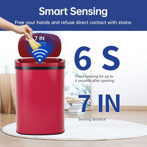 Image of BestOffice | 13 Gallon Stainless Steel Trash Can with Lid | Red | Automatic Touchless Garbage Can | Odor Control | Modern Oval Design | Easy to Clean | For Kitchen, Bathroom, Office or Home