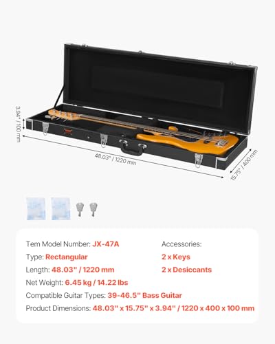 Image of VEVOR Bass Guitar Hard Case, 48.03 in Rectangular Guitar Hard Case, With Lock Latch Keys Handle, PVC Padding Soft Lining Water-Resistant Hard Shell Guitar Cases, for 39-46.5 in Bass Guitars, Black