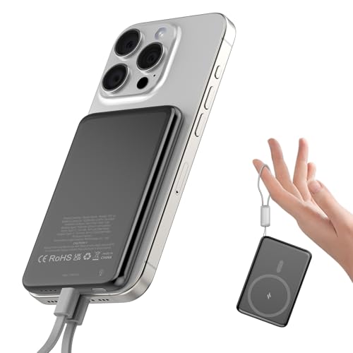 Power Bank 5000mAh, 15W Inalámbrico Bateria Portatil Magnética, PD 20W USB C Carga Rapida Bateria Externa con Luz indicadora LED, Carga rápida Cable, Powerbank Negro