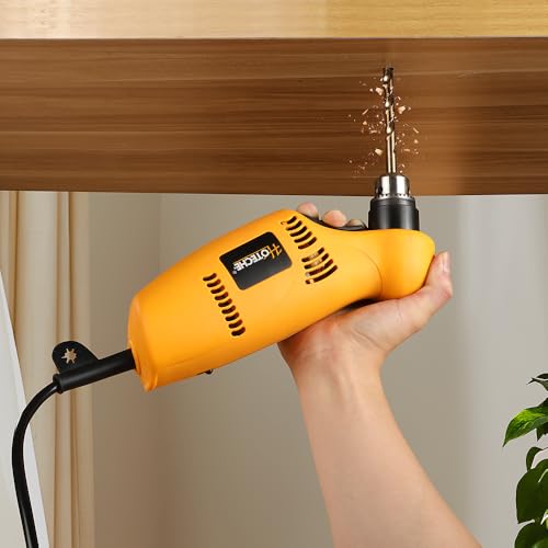 Hoteche 450W Winkelbohrmaschine – Leistungsstarker 220-240V Bohrer mit 0-1400rpm, 10mm Schlüsselaufnahme, variablem Geschwindigkeitsregler, VDE-Stecker, inkl. Zubehör – Ideal für Holz und Metall