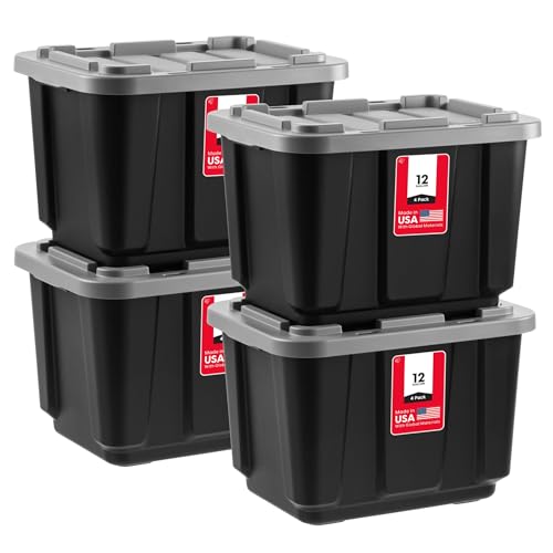 IRIS USA 4-Pack 12 Gallon Storage Bins with Lids |Made in USA| Heavy Duty Plastic Tote Containers for Truckbed Tool Box Organization, Large - Gray