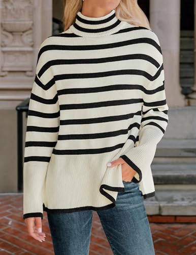 ZESICA Women's Winter Sweaters Casual Turtleneck Long Sleeve Striped Side Slit Loose Pullover Sweater Jumper Tops2