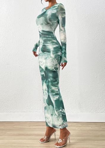 PRETTYGARDEN Fall Wedding Guest Dresses for Women 2025 Long Sleeve Ruched Sexy Bodycon Floral Mesh Cocktail Party Maxi Dress