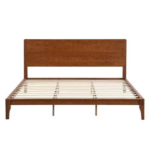Image of Merax King Size Bamboo Platform Bed Frame with Tall Headboard, Brown | Mid-Century Modern Solid Sustainable Bedframe King-Size, Wood Slat Support, No Box Spring Needed, Easy Assembly, Noise Free