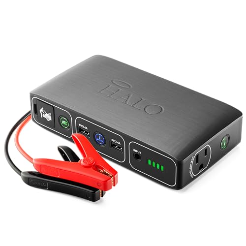 HALO Bolt 58830 ACDC Portable Car Battery Jump Starter | 58.8Wh USB Power Bank with AC Outlet, Emergency Floodlight & Charger, Jumps Cars SUVs & Trucks, Powers Phones & Laptops, TSA Approved — Gray