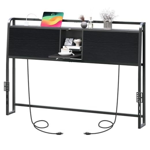 MAHANCRIS Headboard Queen Size Only, Headboard with 4 Outlets and 4 USB Ports, Industrial Head Board with Flip Door and Bed Frame Adapter, Height Adjustable, Black
