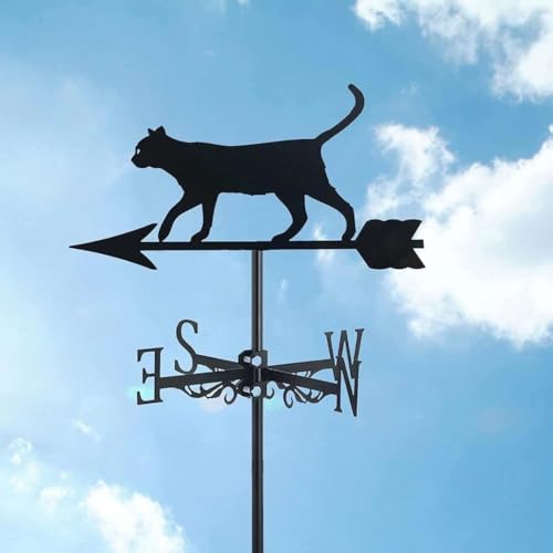 Deanvzes Small Metal Weathervane Silhouette Cat Series Wind Direction Indicator Ornament Wind Vane for Courtyard Fence Outside Roof Mount Garden (Cat