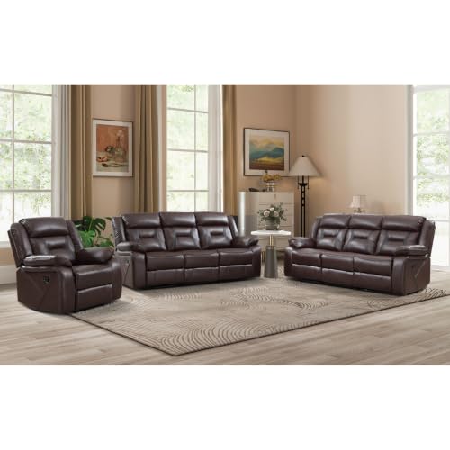 Image of EBELLO Faux Leather Recliner Sofa Furniture Set for Living Room, 1 Recliner Chairs, Two Seat Reclining Sofa Couch Set for Meeting Room, Dark Brown