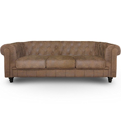 Menzzo Canapé Chesterfield 3 Places Vintage – Tissu Capitonné Confortable, Design Classique Anglais, Canapé Double Assise pour Salon et Séjour