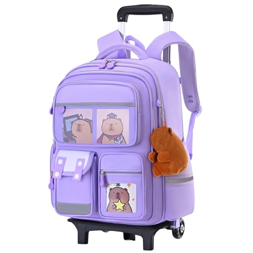 Mochila con Ruedas Mochila De Carpincho De Gran Capacidad con Múltiples Compartimentos Escolar con Estampado De Dibujos Animados Lindo Correa Reflectante Asa Retráctil para Niños Niñas, Púrpu