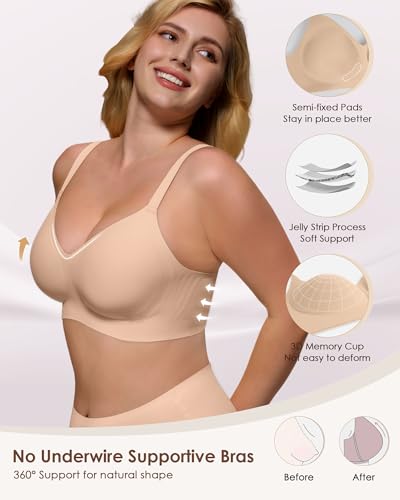 Image of As Fairy Womens Soft Comfortable No Underwire Bras V Neck Seamless Push Up Bralettes Full Coverage Tshirt Brassiere