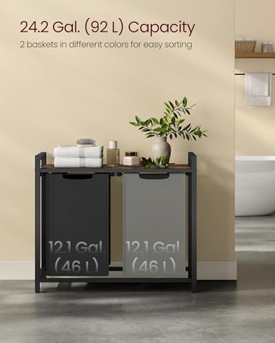 Image of VASAGLE Laundry Hamper, Laundry Basket, Laundry Sorter with 2 Pull-Out and Removable Bags, Shelf, Metal Frame, 2 x 12.1 Gallons (46 L), 28.8 x 13 x 28.4 Inches, Bicolor and Rustic Brown UBLH201X01